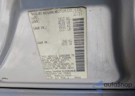 2016 Nissan Altima 2.5/2.5 S/2.5 Sl/2.5 Sr/2.5 Sv from USA, damaged, VIN 1N4AL3AP0GN320088